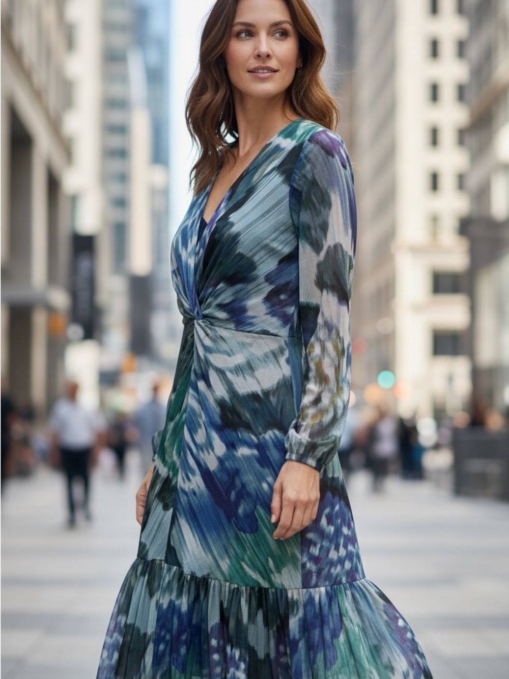 Twist-Front Long Sleeve V-Neck Midi Dress in Blue-Green Print